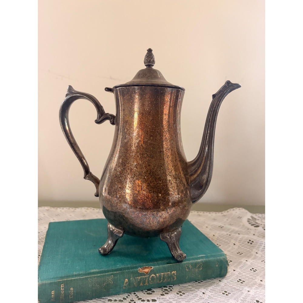 Vintage I.S. Co Silver Plated Footed Coffee Pot Pineapple Finial Patina - Picture 2 of 10
